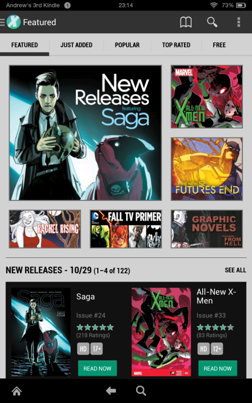 Featured screen of Kindle Fire app.