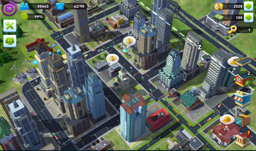 City population, player level, and percentage of happy citizens is in the top left corner, building menus and currency levels are on the right.